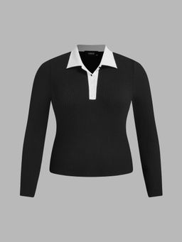 Cider - Collar Solid Button Contrasting Binding Long Sleeve Jersey Top