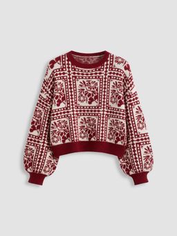 Cider - Knit Round Neckline Aztec Floral Long Sleeve Sweater Curve & Plus