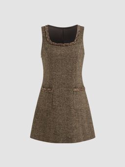 Cider - Tweed Square Neck Solid Pocket Mini Dress