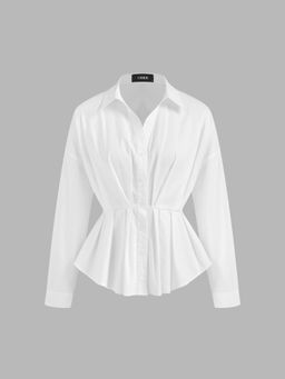 Cider - 100% Cotton Collar Solid Pleated Long Sleeve Blouse