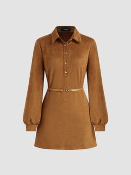 Cider - Suede Collar Solid Button Up Mini Dress With Belt