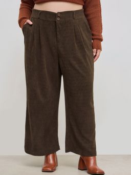Cider - Corduroy High Rise Solid Pleated Wide Leg Trousers Curve & Plus