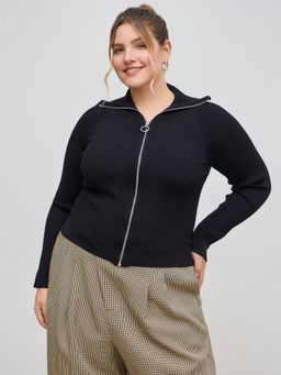 Cider - Knitted Collar Solid Zipper Cardigan Curve & Plus