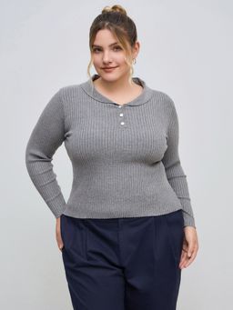 Cider - Knit Collar Solid Button Long Sleeve Top Curve & Plus