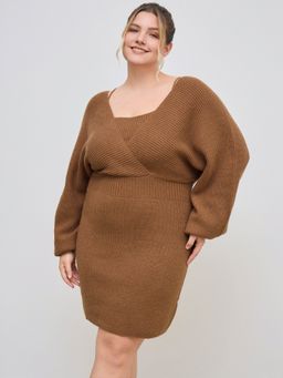 Cider - Knit Square Neck Solid Wrap Mini Dress Curve & Plus