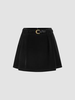 Cider - Velvet Mid Rise Ruffle Mini Skirt With Belt