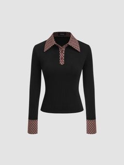 Cider - Collar Geometric Contrasting Binding Button Long Sleeve Top