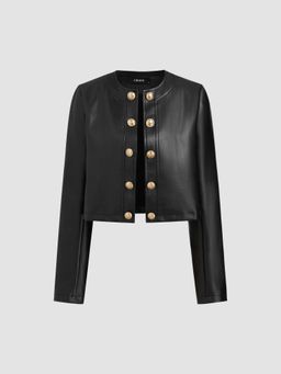 Cider - Faux Leather Round Neckline Solid Button Long Sleeve Jacket