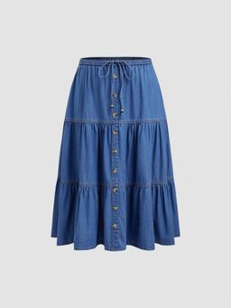 Cider - Denim Mid Rise Ruffle Tiered Pocket Maxi Skirt Curve & Plus