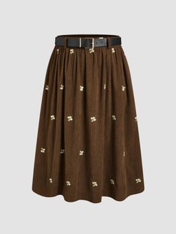Cider - Corduroy Mid Rise Floral Embroidery Ruffle Maxi Skirt With Belt