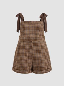 Cider - Square Neck Check Pocket Knotted Romper Curve & Plus