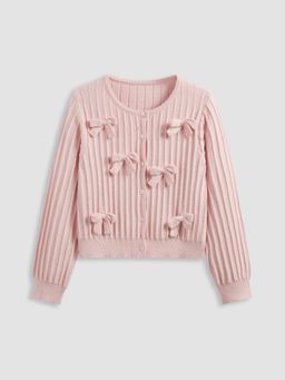 Cider - Knit Round Neckline Solid Bowknot Button Cardigan Curve & Plus