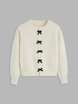 Cider - Knit Round Neckline Bowknot Tie Front Cardigan Curve & Plus