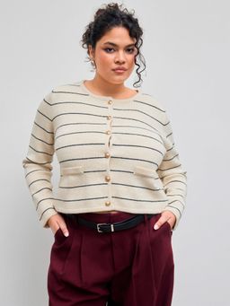 Cider - Knit Round Neckline Striped Button Cardigan Curve & Plus