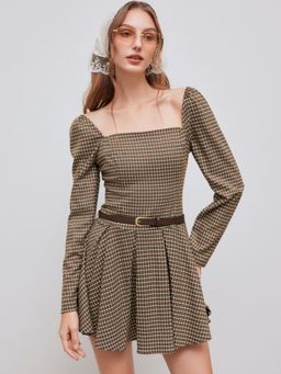 Cider - Square Neck Checks Pleated Mini Dress With Belt