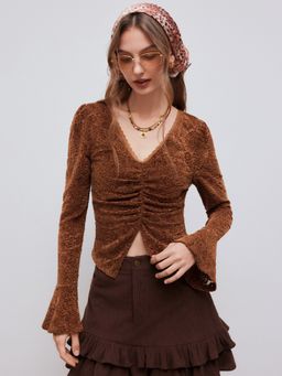 Cider - Lace V-neck Ruched Long Sleeve Top
