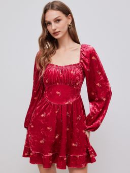 Cider - Velvet Square Neck Floral Ruffle Hem Long Sleeve Mini Dress