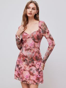 Cider - Mesh Sweetheart Floral Lettuce Trim Mini Dress