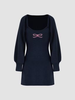 Cider - Knit Bowknot Pattern Mini Dress & Long Sleeve Shrug Set