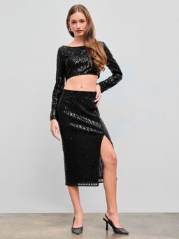 Cider - Sequin Mid Rise Split Midi Skirt