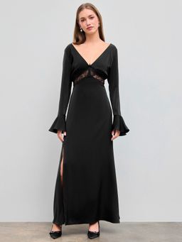 Cider - Satin V-neck Split Lace Maxi Dress