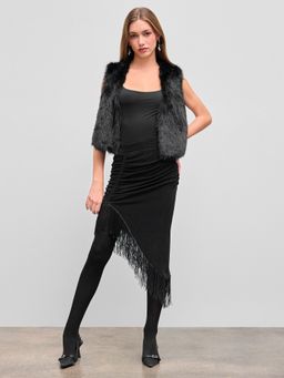 Cider - Mid Rise Ruched Fringe Asymmetrical Midi Skirt