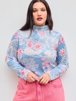 Cider - Stand Collar Floral Long Sleeve Jersey Top Curve & Plus