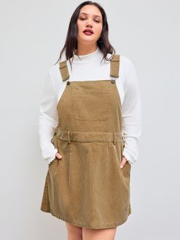 Cider - Corduroy Square Neck Buckle Up Pocket Pinafore Mini Dress Curve & Plus