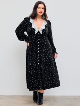 Cider - Velvet V-neck Lace Floral Ruffle Midi Dress Curve & Plus