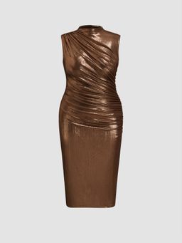 Cider - Metallic Stand Collar Solid Ruched Midi Dress Curve & Plus