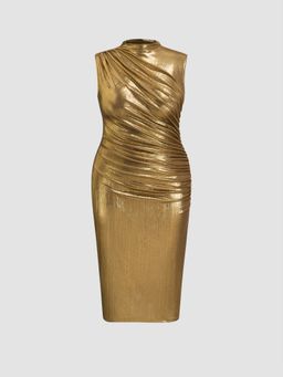 Cider - Metallic Stand Collar Solid Ruched Midi Dress Curve & Plus
