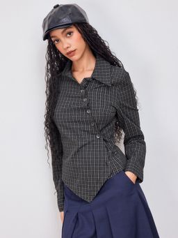 Cider - 100% Cotton Collar Check Asymmetrical Wrap Blouse