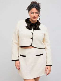 Cider - Tweed Collar Contrasting Binding Knotted Pocket Crop Top Curve & Plus