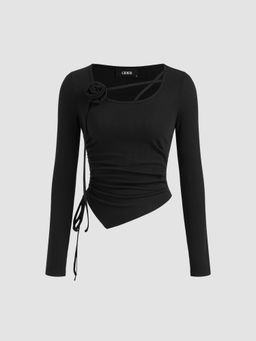 Cider - Round Neckline Rosette Ruched Drawstring Long Sleeve Top