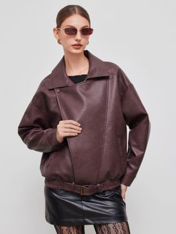 Cider - Faux Leather Collar Solid Belted Pocket Biker Jacket