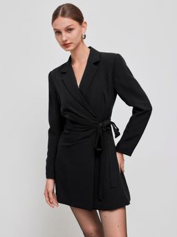 Cider - Notched Collar Solid Knotted Blazer Mini Dress