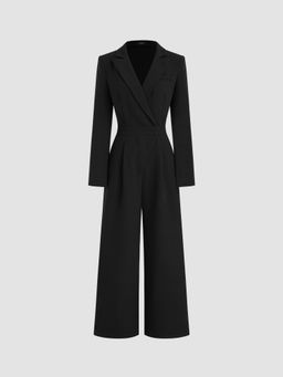 Cider - Notched Collar Solid Wrap Pocket Ruched Blazer Jumpsuit