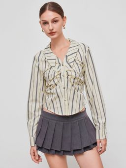 Cider - 100% Cotton Collar Stripe Ruched Long Sleeve Blouse