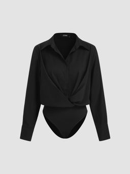 Cider - Collar Solid Ruched Long Sleeve Blouse Bodysuit