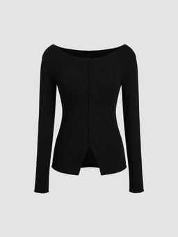 Cider - Cotton-blend Boat Neck Solid Split Long Sleeve Top