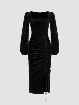 Cider - Velvet Drawstring Split Long Sleeve Maxi Dress