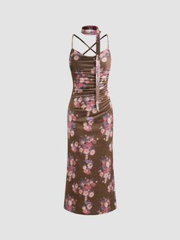 Cider - Velvet Cowl Neck Floral Ruched Maxi Dress With Scarf