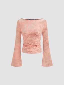 Cider - Boat Neck Floral Ruched Long Sleeve Top