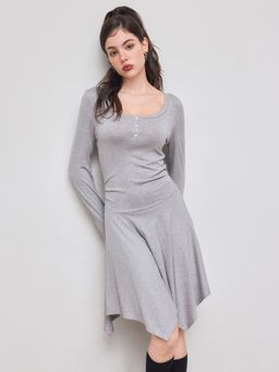 Cider - Round Neckline Asymmetrical Hem Ruffle Mini Dress