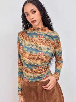 Cider - High Neck Floral Ruched Long Sleeve Top