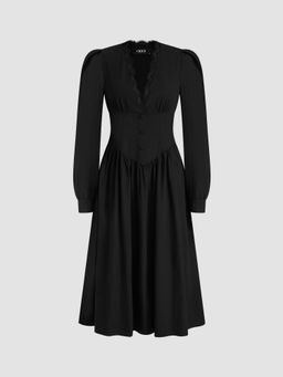 Cider - 100% Cotton V-neck Lace Ruffle Maxi Dress