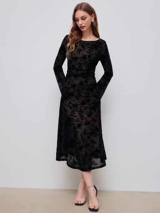 Buy Cider Mesh Boat Neck Floral Ruched Long Sleeve Maxi Dress (XXS) Online