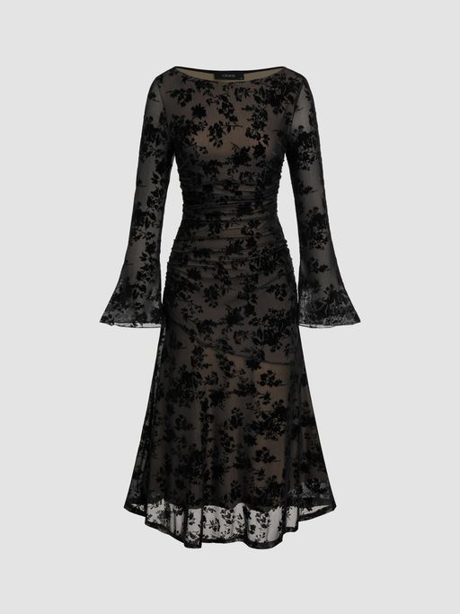 Buy Cider Mesh Boat Neck Floral Ruched Long Sleeve Maxi Dress (XXS) Online