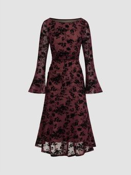 Cider - Mesh Boat Neck Floral Ruched Long Sleeve Maxi Dress