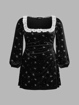 Cider - Velvet Square Neck Contrasting Lace Bowknot Mini Dress Curve & Plus